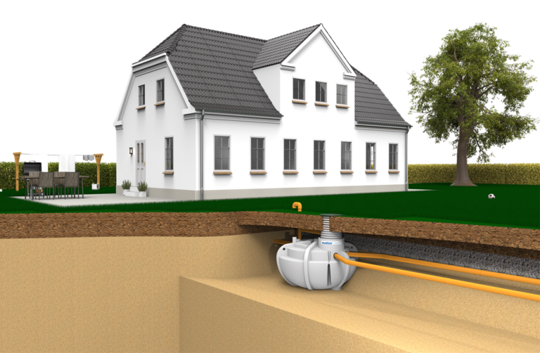 Vitt hus med Regnåtervinningssytem
