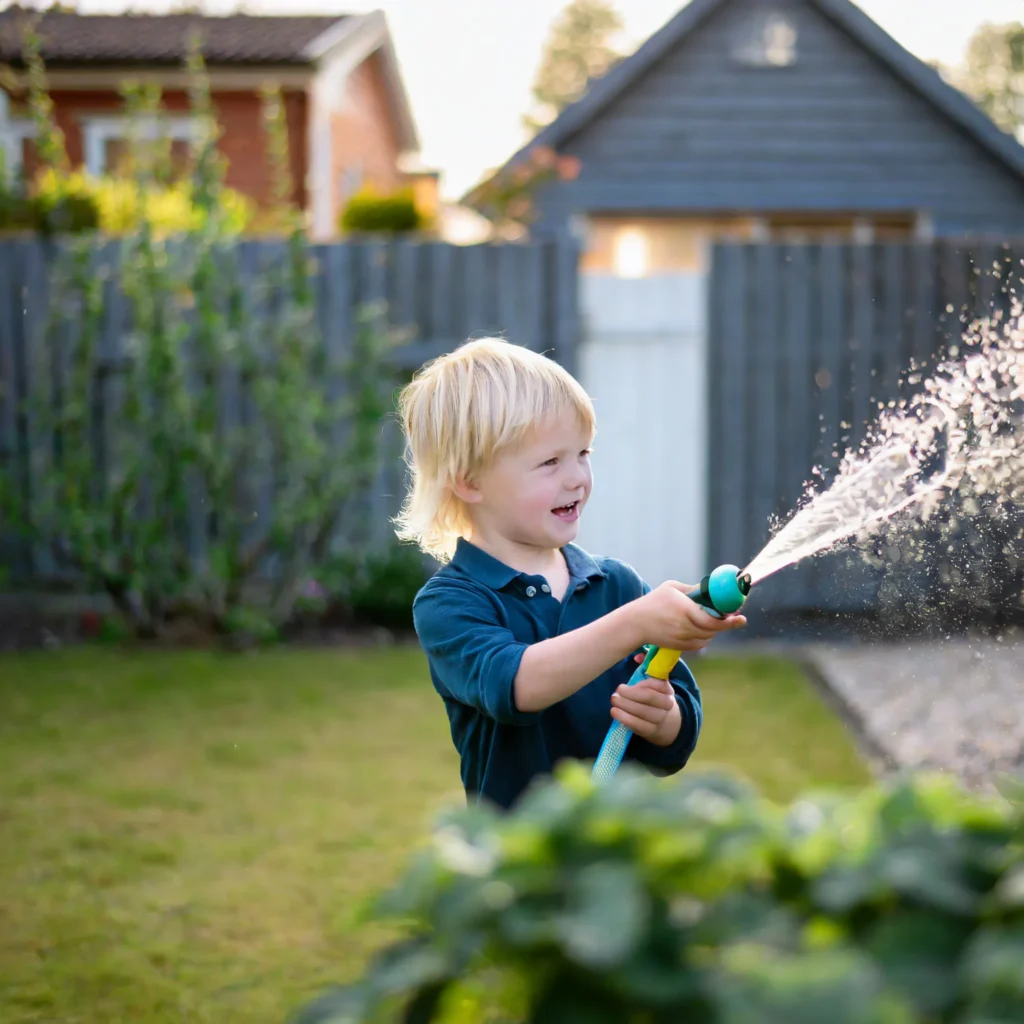 barn som leker med vattenslang i trädgård